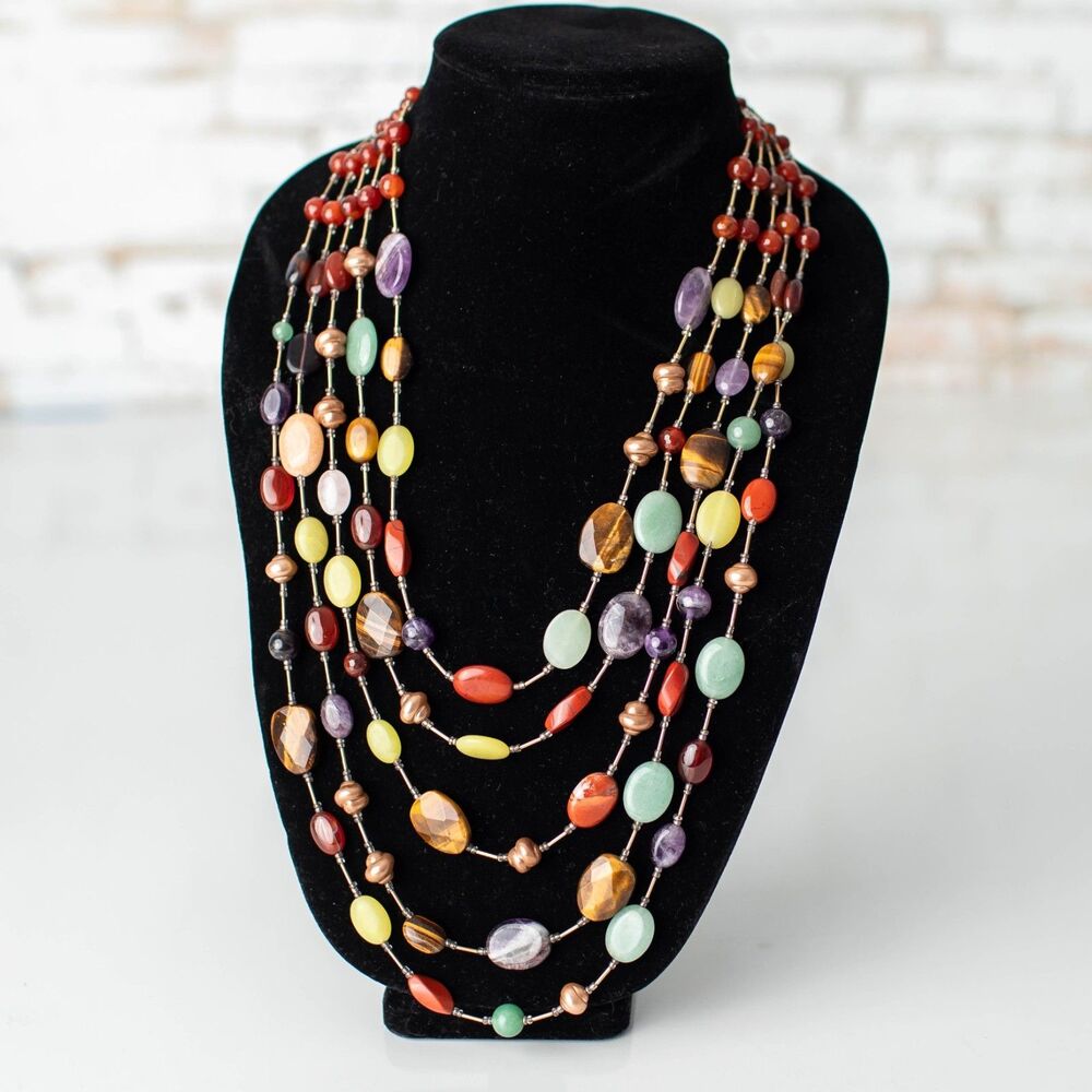 Graziano Gold Tone Multi Stone Pendant Necklace Turquoise Carnelian Tiger Eye